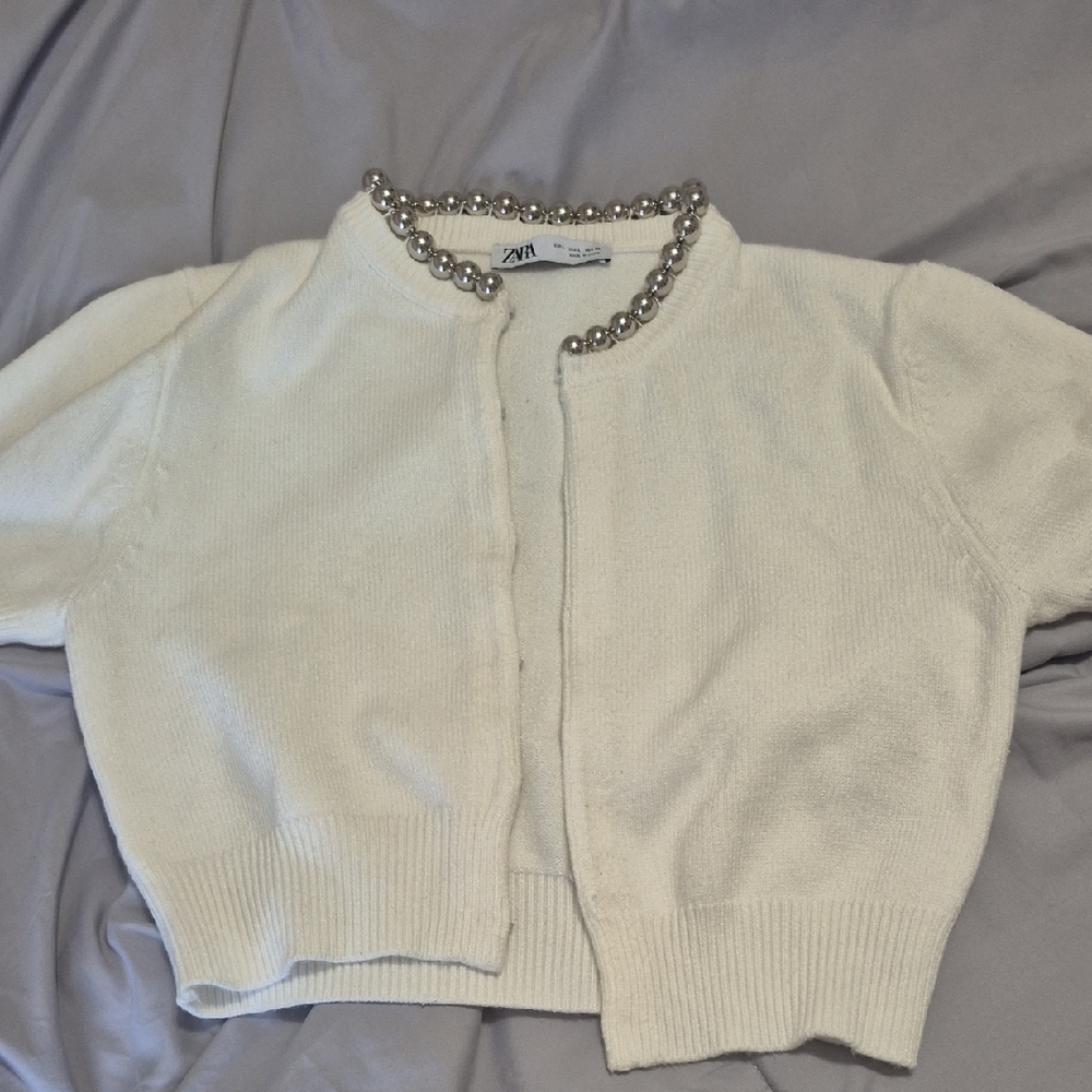 Zara Cream Cardigan with Silver Bead Trim